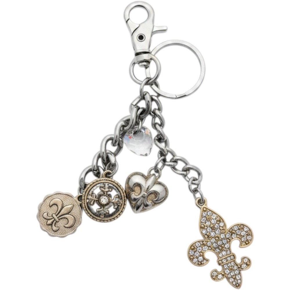 Kathy Van Zeeland Gold Fleur De Lis Heart Coin Rhinestone Bag Charm Keychain